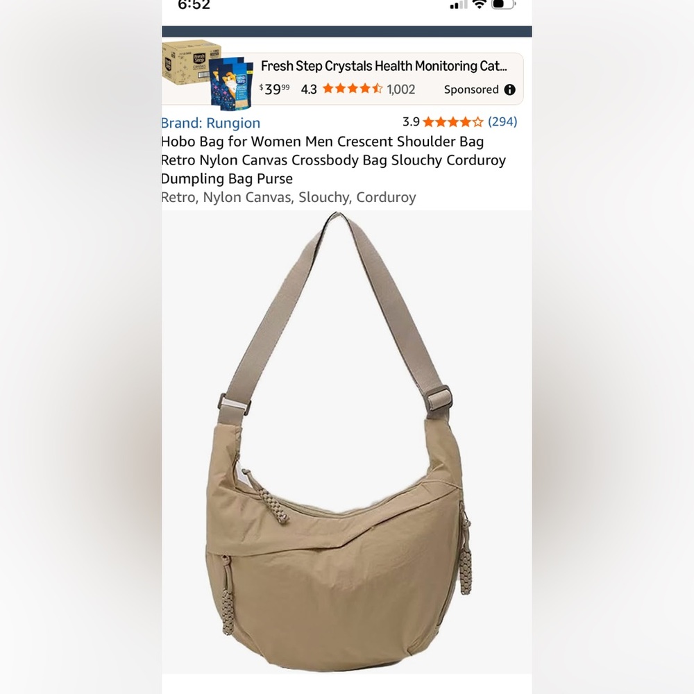 Rungion brand crescent shaped hobo canvas bag sold on amazon. NWOT- olive green
